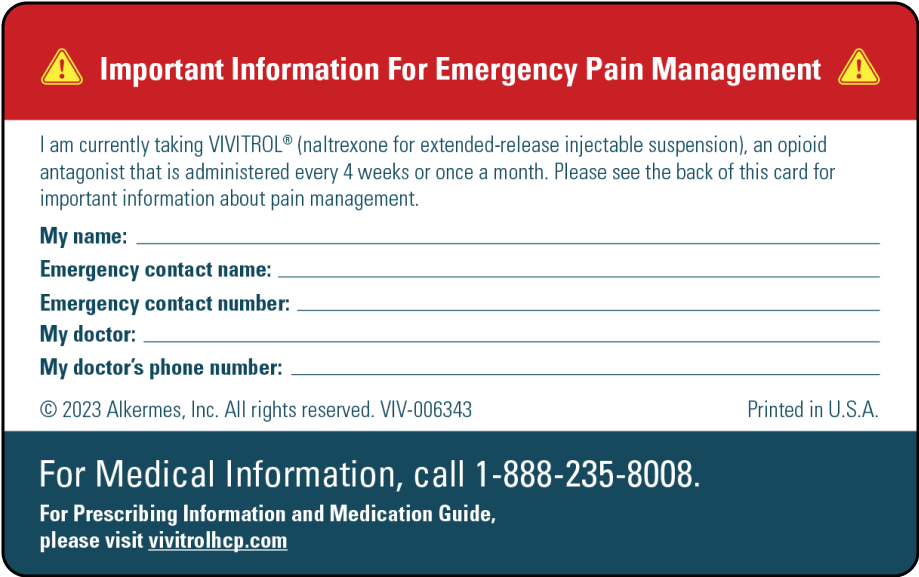 VIVITROL® Pain Safety Card